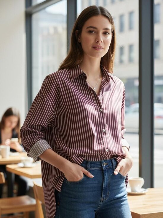 Zara Tops - Zara Oversized Striped Poplin Button Down Shirt Burgundy White Size XL NWOT